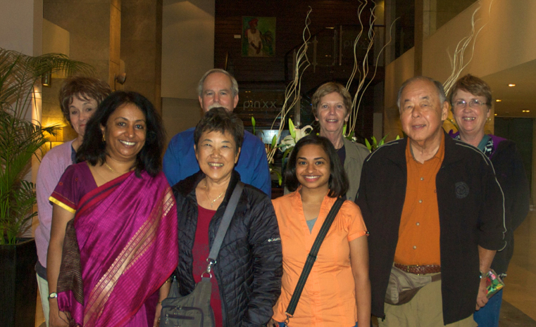 The India Vision Trip members pose for a group photo with VCT Executive Director Mary Paul. From left: Barbara Crowder, Holt Director of India Programs Dean Hale, Elizabeth Bair-Shockney, Linda McCormick, Mary Paul, Diane Matsuura, Suzanna McCormick and Ken Matsuura.