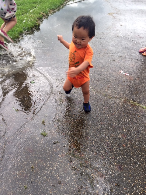 Brennan running through a puddle.