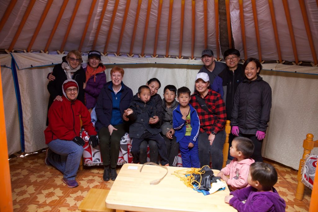 The donors split into two groups to build the gers. These are the donors who built Amin-Erdene's ger.