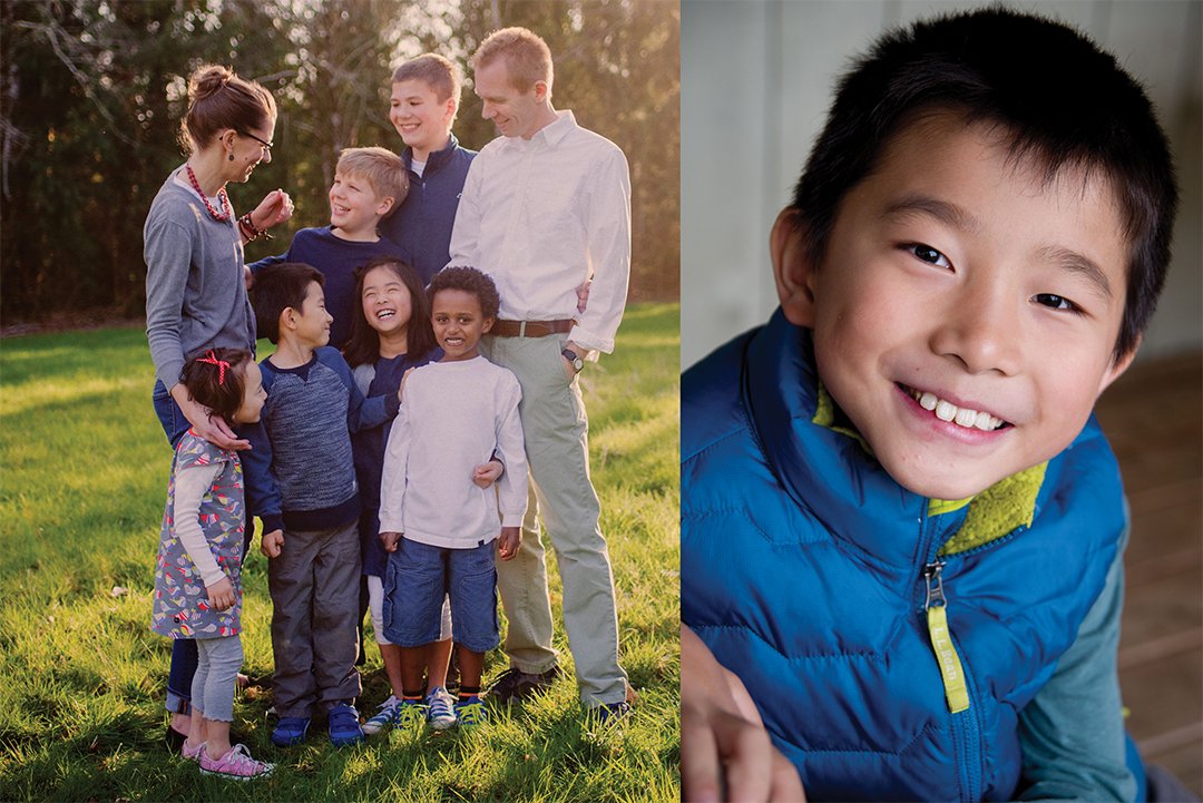 A China adoptee, and a photo of his family which includes other adoptees. An adoption specialist can help address the unique challenges when adopting older children.