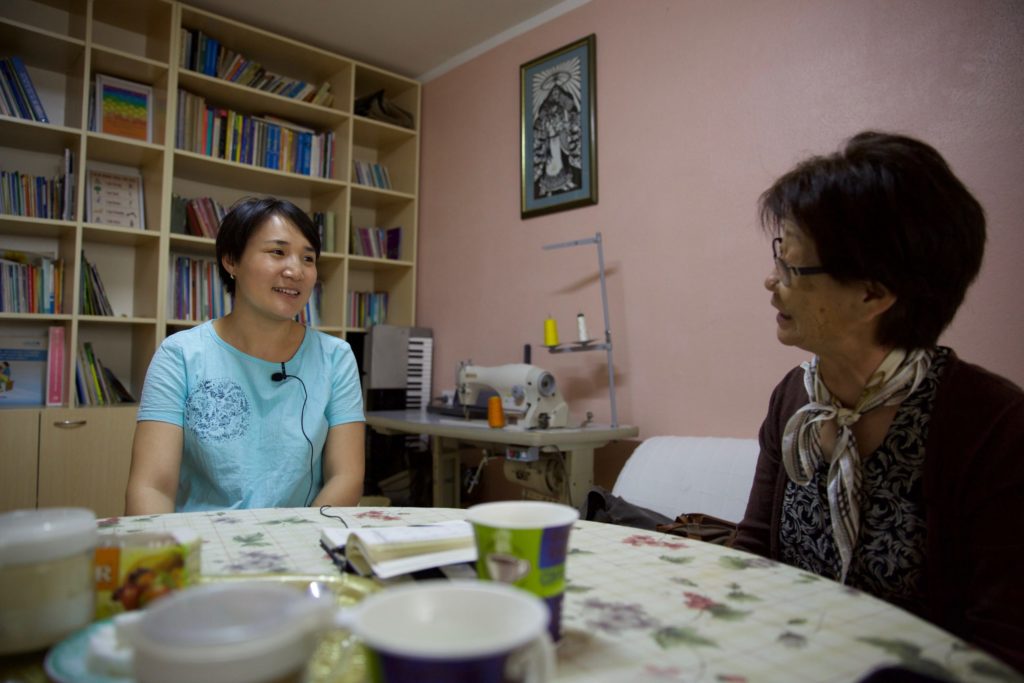 The social service program coordinator at Holt Mongolia meeting with the director of the domestic violence shelter.