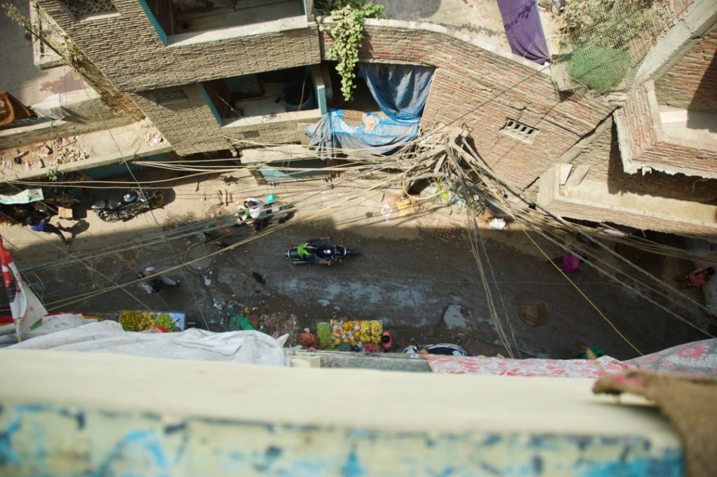 The view looking down from the back porch of Shabnam's fifth-floor home in New Delhi