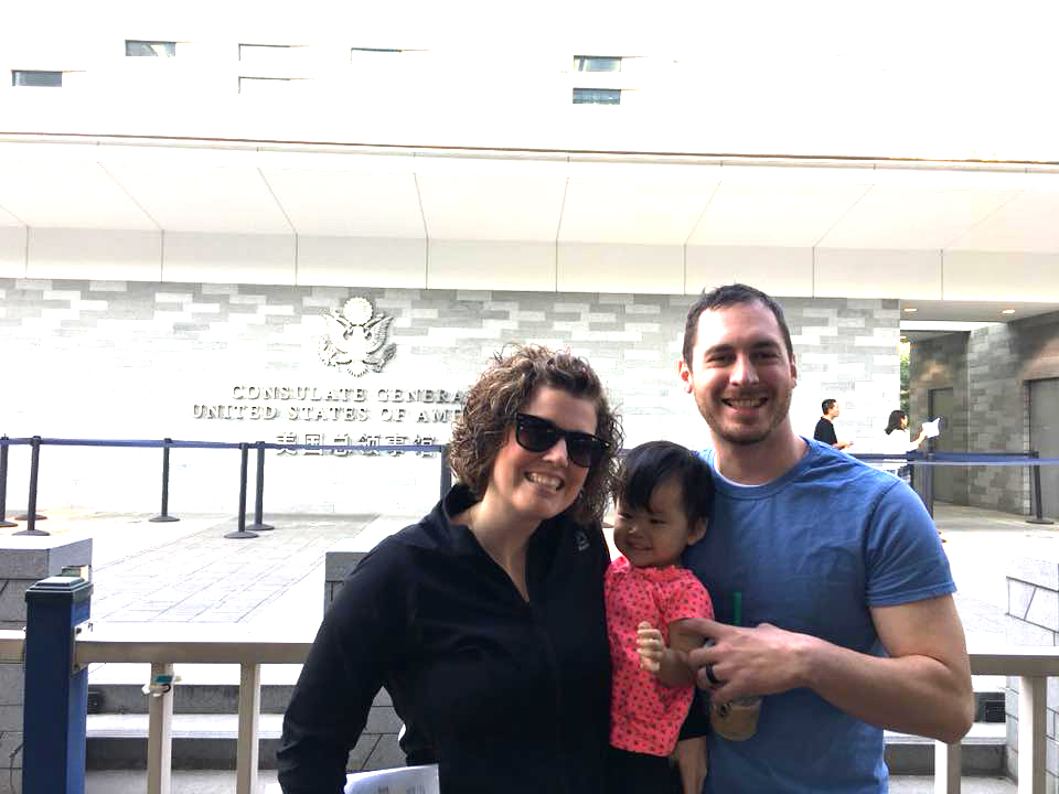 Shelby, Michelle and Adam in front of the U.S. consulate in China.