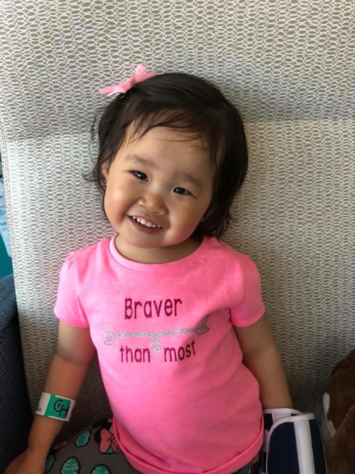 Shelby during a blood transfusion to treat her thalassemia.