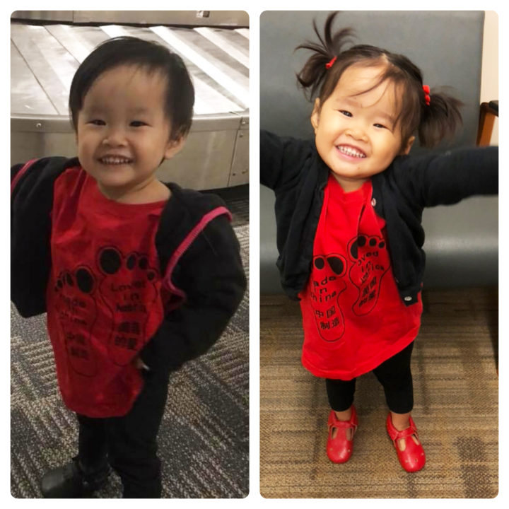 Shelby in China (left) and one-year home with her family (right).
