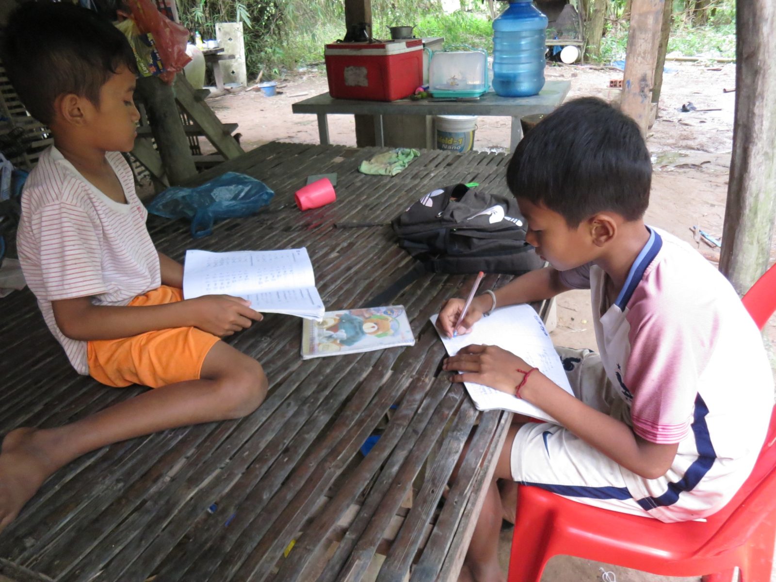 Mol Vey and his brother working on school work.