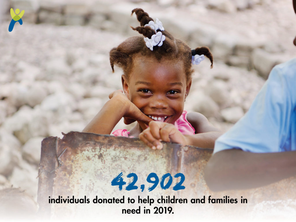 Young girls standing with her hand in her mouth smiling with another child standing off to the side of her_graphic showing 42,902 individuals donated to help children and families in need in 2019