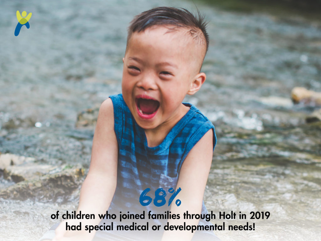 Young child sitting on the ground around rocks and water laughing with his mouth wide open_graphic showing 68 percent of children who joined families through Holt in 2019 had special medical or developmental needs