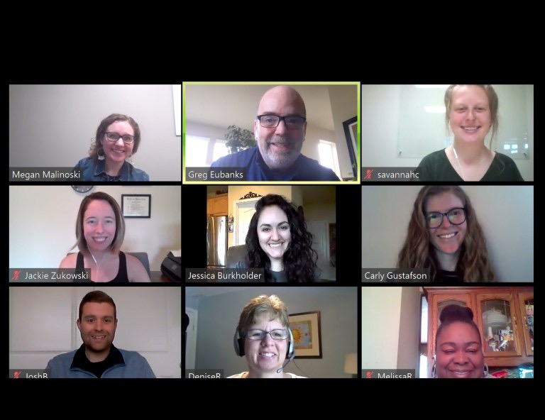 screenshot of Zoom meeting with nine attendees