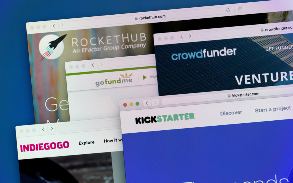 several browser tabs each with a different crowdfunding website open