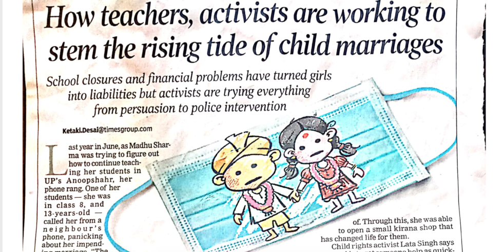 A headline about child marriage from a recent article in an Indian newspaper: "How teachers, activists are working to stem the rising tide of child marriages.". 