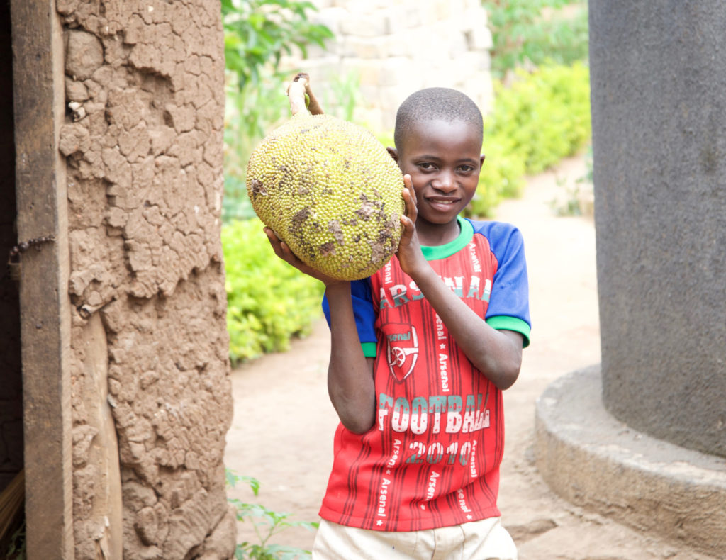 a boy holding a jackfruit on his shoulder