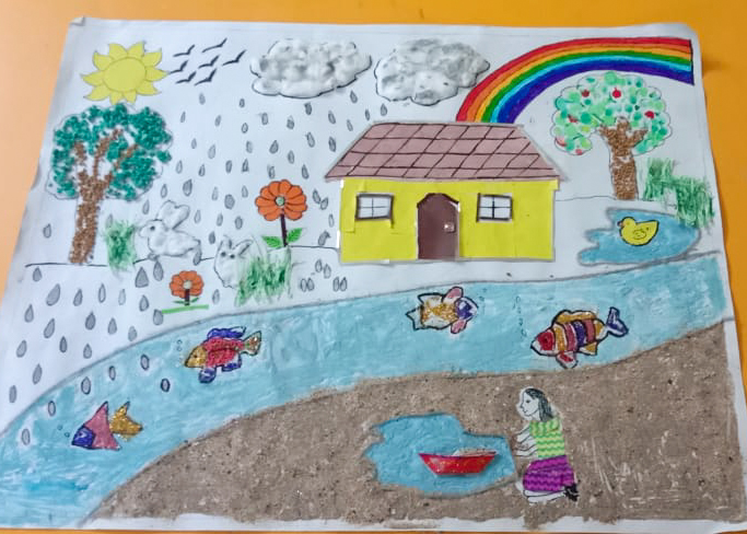 colored picture of a house river and rainbow
