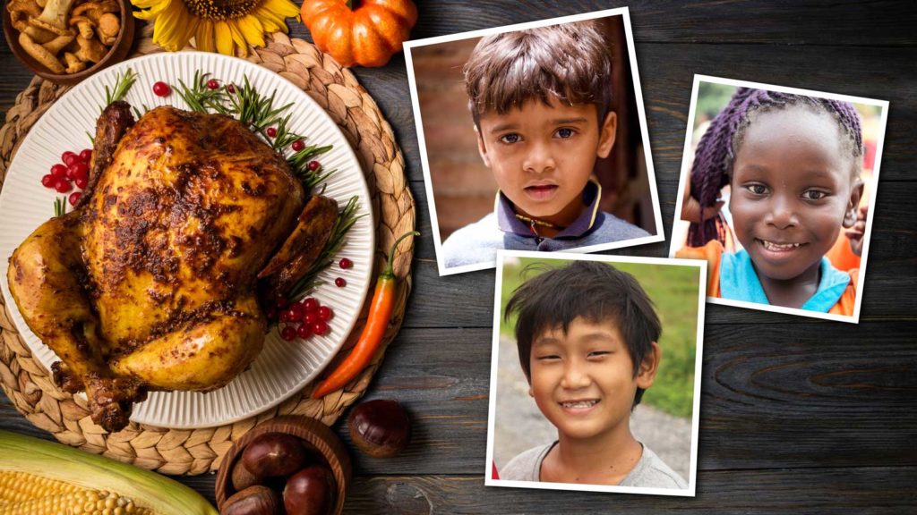Thanksgiving meal with images of three children