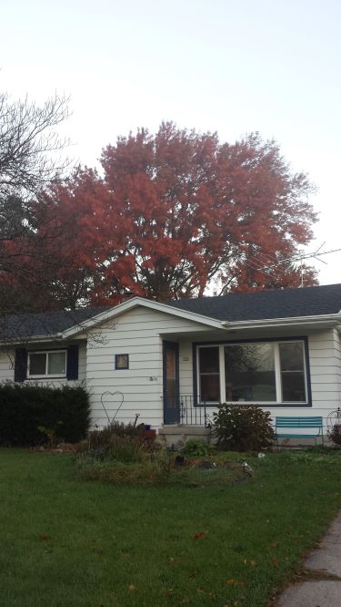 one story white wooden house with black trim