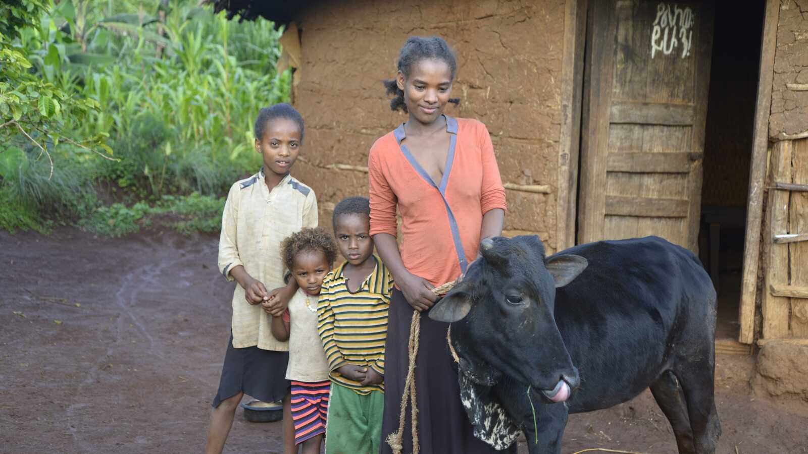 woman and children standing with cow