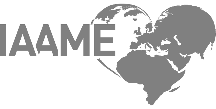 logo with heart-shaped world map and letters IAAME