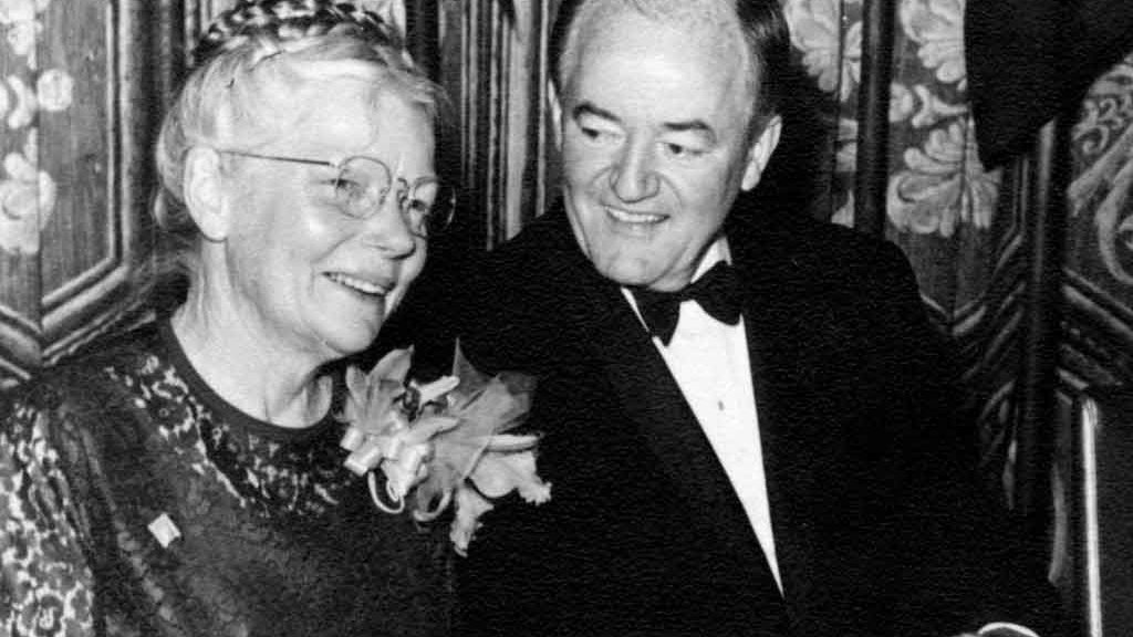 Bertha Holt with Vice President Hubert Humphrey at the American Mother of the Year presentation, 1966.