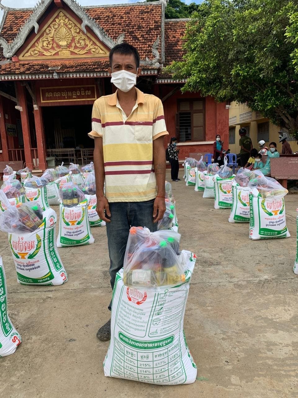 man stands with bag of rice and other food