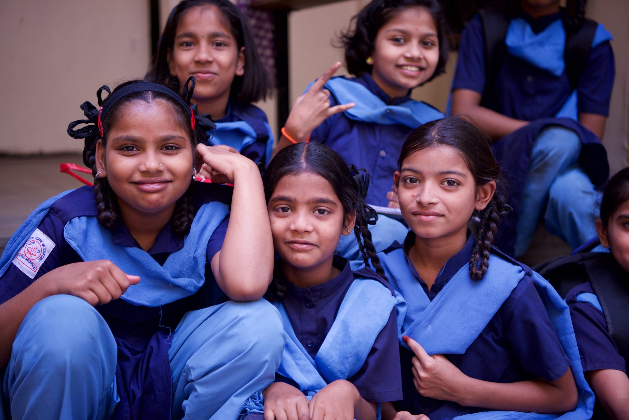 Girls in blue uniforms in India