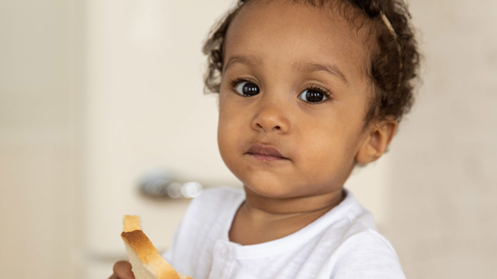 baby eating a slice of bread