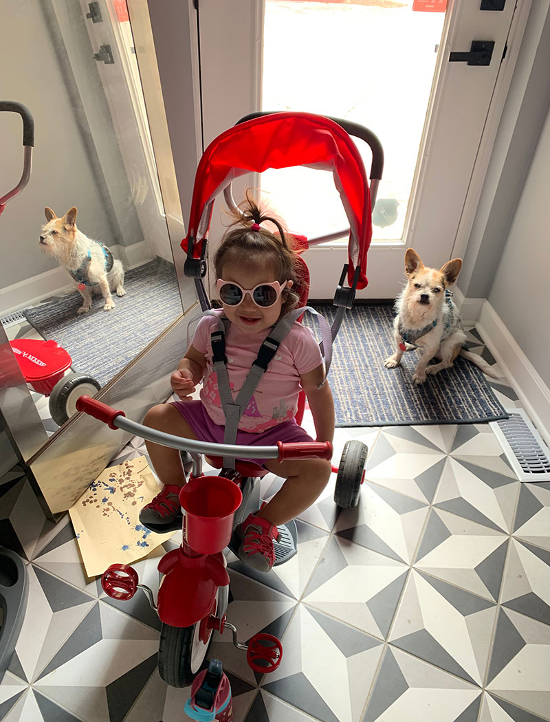 smiling little girl in red tricycle stroller