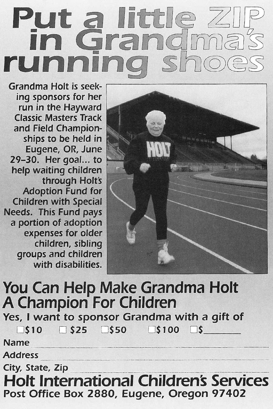 scan of magazine appeal to donate to grandma's run