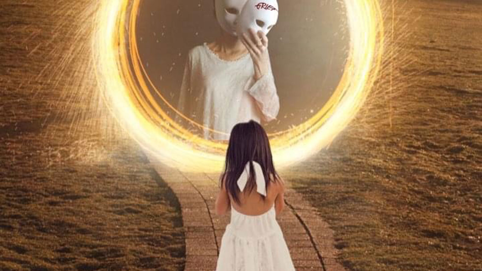 little girl looking into portal seeing person with mask