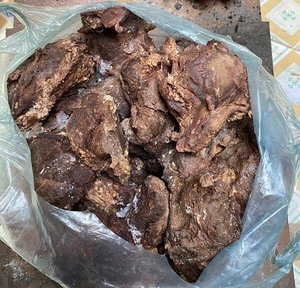 A bag of meat that a family of 15, including sponsored children, eat in Mongolia.