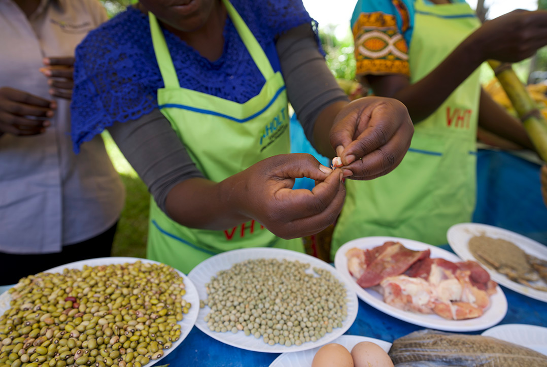 a health worker shows healthy grains