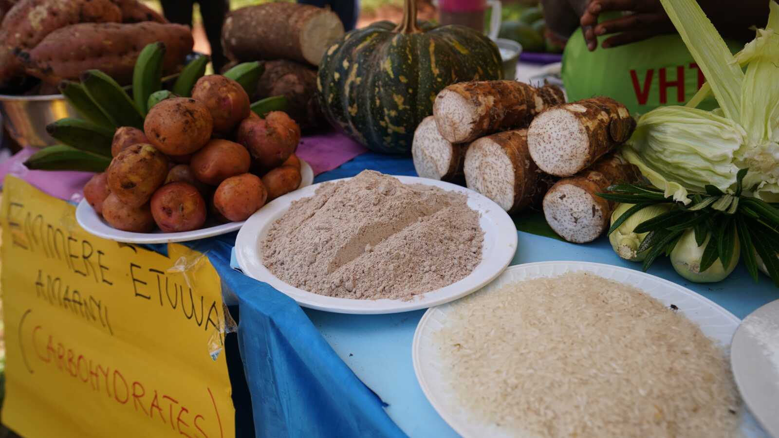 whole grains, root vegetables and other carbohydrates on a table