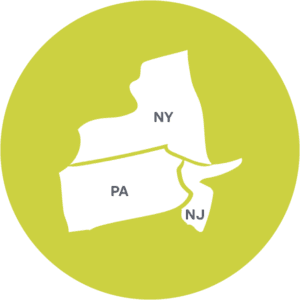 Map of New York, New Jersey, and Pennsylvania in a green circle for Holt Northeast Branch