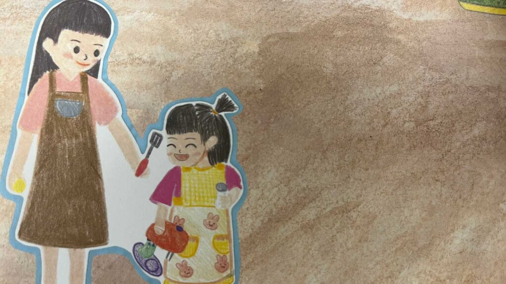 One single mother at the shelter in Korea drew a picture of her cooking with her daughter