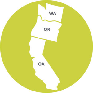 Map of Washington, Oregon, California in a green circle for Holt West Coast Branch