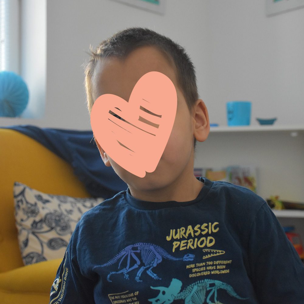 Little boy in dinosaur T-shirt looks at camera